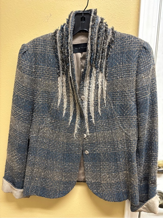 Elie Tahari Jackets & Blazers - Elie Tahari Blue & Gray Tweed Fringe Collar Blazer